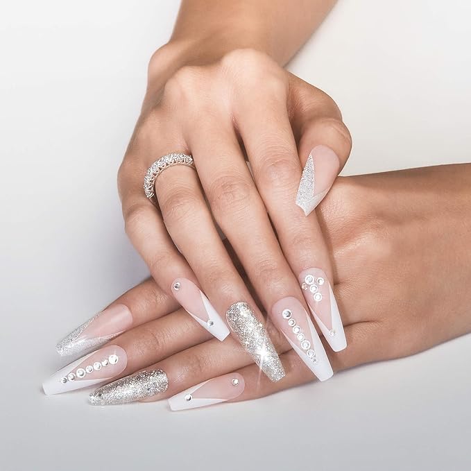 KISS Classy, Press On Nails, Nail glue included, 'Sophisticated', Silver, Extra-Long Size, Coffin Shape, Includes 30 Nails, 2g glue, 1 Manicure Stick, 1 Mini File