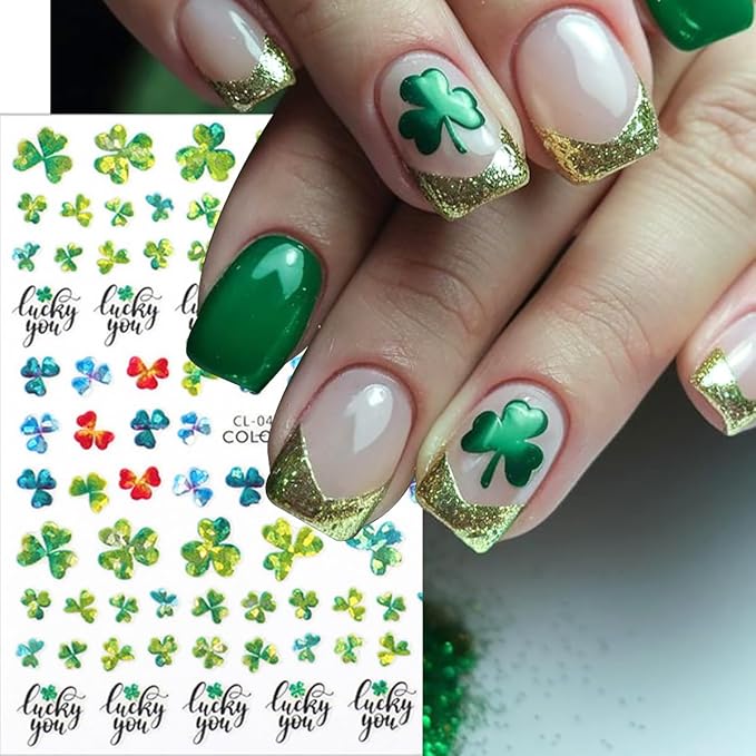 6 Sheets St Patrick’s Day Nail Art Stickers 3D Self- Adhesive Laser Shamrock Nail Stickers Green Clover Hat Letter Design St Patricks Day Nail Art Supplies Irish Nail Decals for Women Acrylic Manicure
