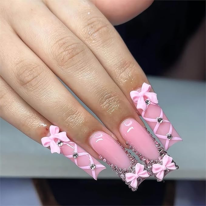 24Pcs Press on Nails Long Square French Tip Fake Nails Pink Full Cover False Nails with Bow Designs Square Nail Press ons Long Glue on Nails Cute Stick on Nail for Women