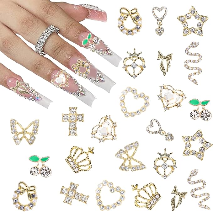 3D Nail Charms,24Pcs Love Heart Star Cross Cherry Butterfly Bow Nail Rhinestone Charms,Metal Alloy Nail Art Decorations for Manicure Design Accessories DIY Crafts (A Gold)