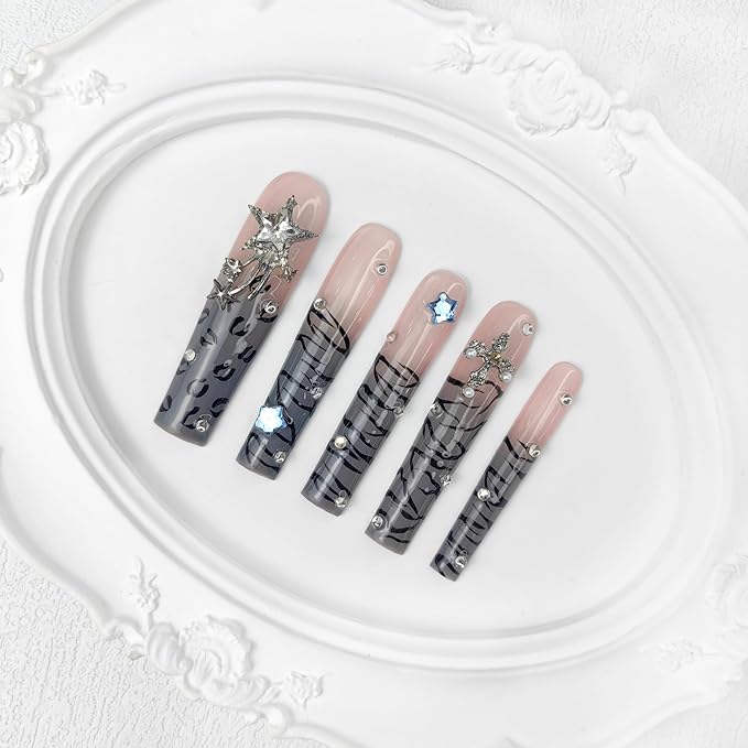 2025 Handmade Long Nails Reusable PMMA Acrylic Press on Nails Striped Gradient With Rhinestones Reusable Full Coverage Fake Nails Handmade Nails Ladies Fake Nail Set (Gradual Change, M)