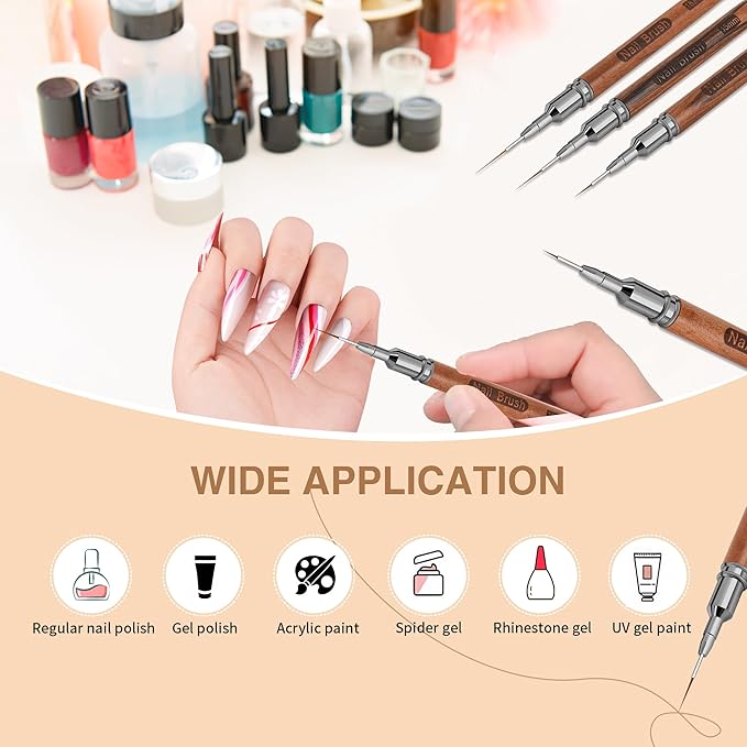 Wooden Nail Art Brushes, 5Pcs Nail Art Liner Brushes, Painting Art Design Brush Set Nail Dotting Drawing Tool for Long Lines, Thin Details, Fine Drawing Sizes 6/9/12/15/18mm, Natural