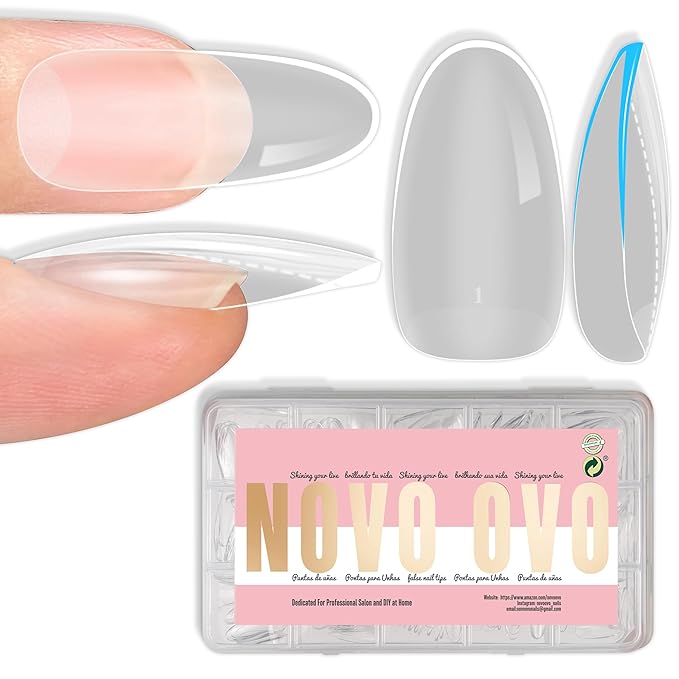 NOVO OVO Medium Oval Nail Tips Extra Thick Press on No C Curve, Soft Gel Natural Fake Nail Extension, Full Cover Clear False Nails for Acrylic, French Manicure Salon DIY x 14 Sizes 224 pcs