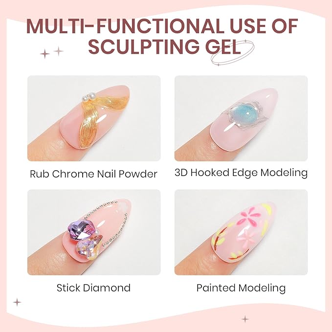 3D Sculpting Gel for Nail Art Chrome Powder No Wipe , Clear Semi-solid Modeling Carving Structure Nail Gel Suitable for Sticking Rhinestones and Painting