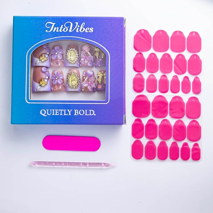 10 Pieces Luxury Acrylic Press On Nails Short Handmade Duck Nails, Pink And Purple Thickened False French Nails, Golden Bowknots, 3D Flowers And Lollipops, Reusable Acrylic Nails (S)