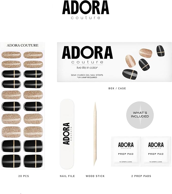 Semi-Cured Gel Nail Strips - 20 Salon-Quality Gel Sticker with UV Light Required, Long Lasting, Easy Application & Removal, Includes Prep Pad, Nail File, Wooden Stick (Black Tie)
