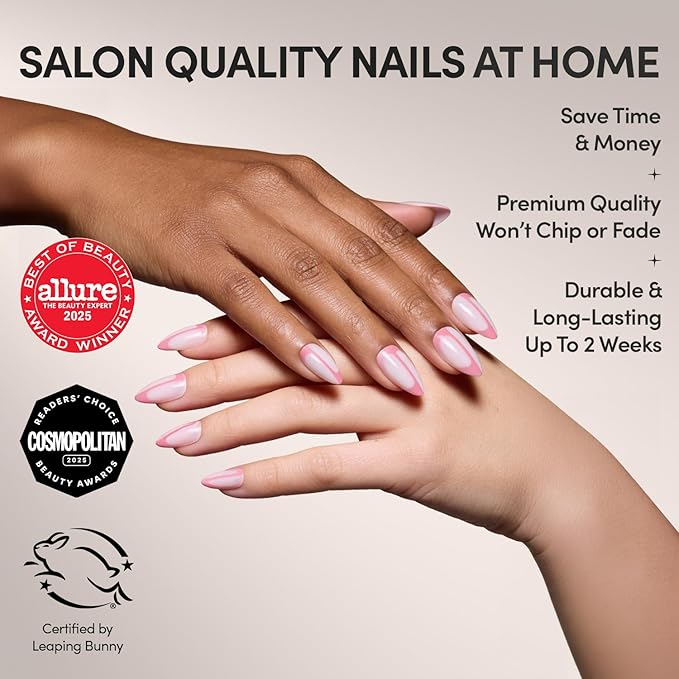 Valentines Day Glamnetic Press On Nails - Better Half | Glossy, Semi-Transparent Short Almond Nails with Pink Accents, Salon Quality | 15 Sizes - 30 Nail Kit with Glue