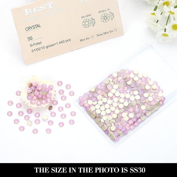 Novani Pink Opal Rhinestones 288pcs Flat Back Round Rhinestone Style 2088 Sparkly Crystal Gemstones for Nail Art and Crafting SS30,6.4-6.6mm