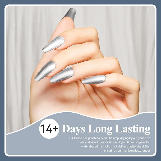 Silver Cat Eye Nail Polish Non Gel, Air Quick Dry Mooncat Nail Polish Magnetic Fingernail Polish Metallic Nail Lacquer Holographic for Nail Art Long Lasting 1PC