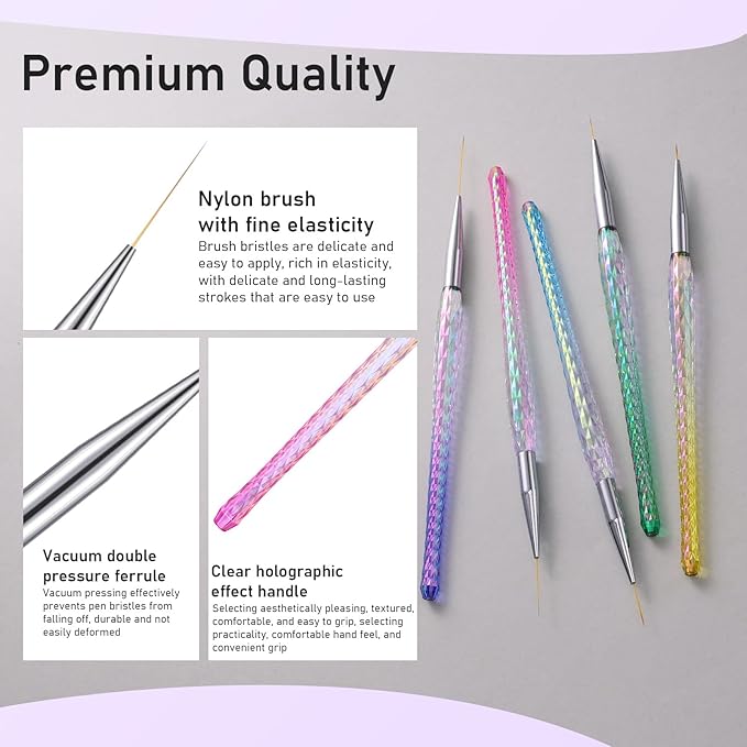 5PCS Nail Art Liner Brushes - Liner Brush For Nail Gel Fine Drawing,Thin Liner Nail Brush Set Size 7/11/15/20/25mm Striper Brushes Christmas Gift for Women