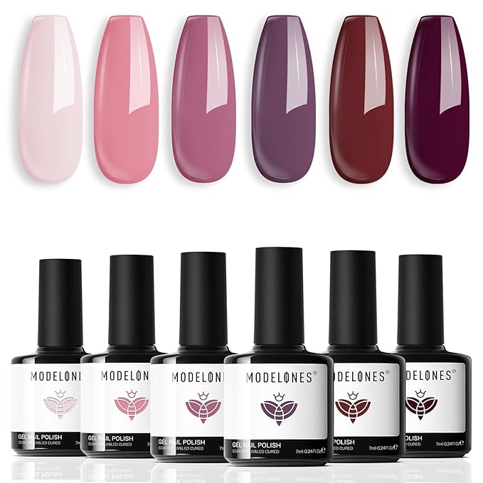 modelones Gel Nail Polish- 6 Colors Pink Brown Burgundy Red Gel Polish Set Peach Pastel Pink Nail Polish Kit Soak Off Manicure Set Nail Art Gift for Women DIY Home Salon