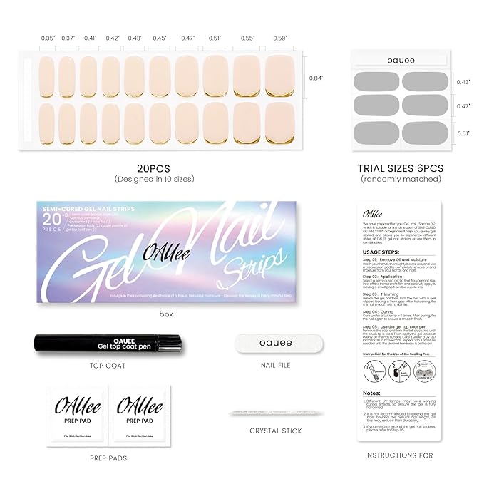 Semi Cured Gel Nail Strips | Built-In Gel Top Coat | UV Light Required | Salon Quality, Easy Application And Removal (Nude With Gold Trim)
