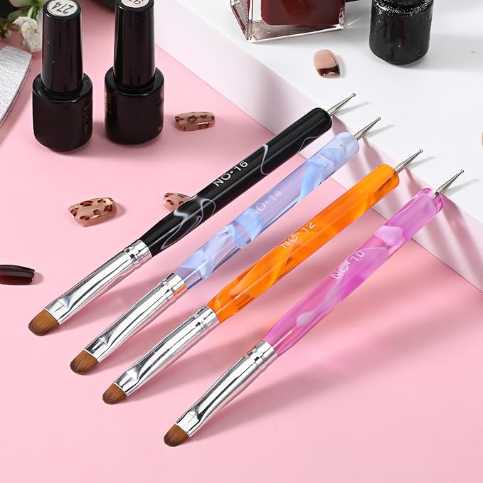 Jeffdad 4 Pcs Gel Nail Brush French Gel Acrylic Nail Art Brush with Dotting Tool Professional Manicure Brush Small Detail Painting 3D Acrylic Brushes (10# 12# 14# 16#, 4 Colors)