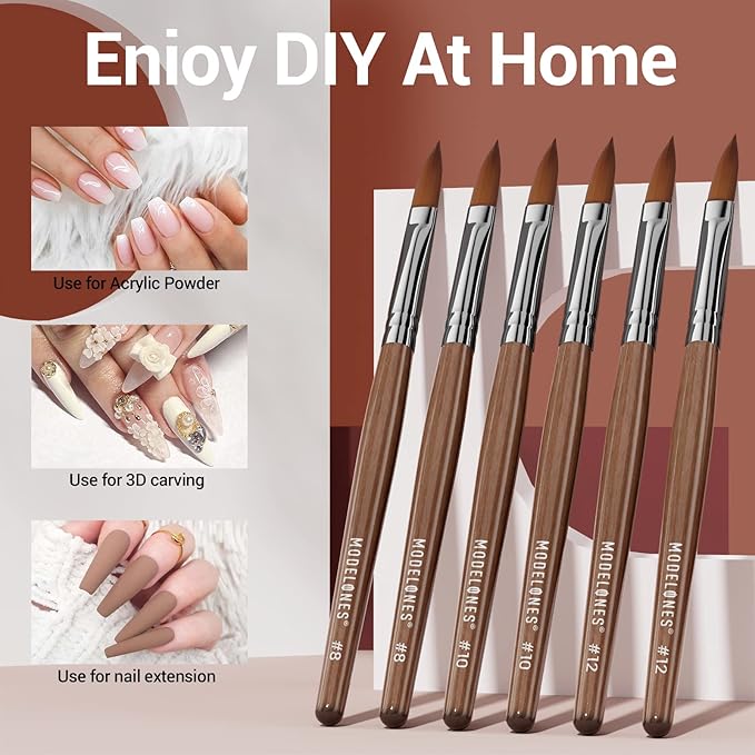 Modelones Kolinsky Sable Acrylic Nail Art Brush Red Wood Pen Nail Brushes for Extension 3D Carving Designs Professional Manicure Tool (10#)