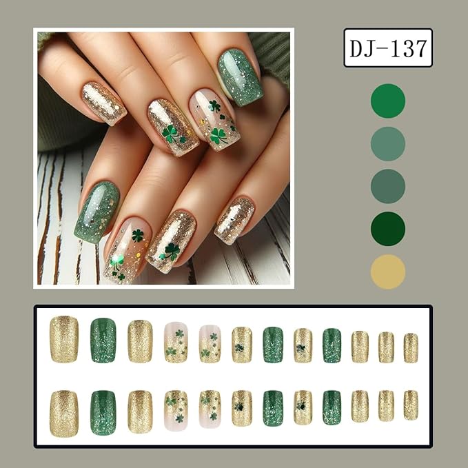 St. Patrick's Press on Nails Medium Square Fake Nail Gold Green Glitter False Nails Full Cover Clover Stick on Nails Green Glue on Nail Artificial Acrylic Nails for Women 24Pcs