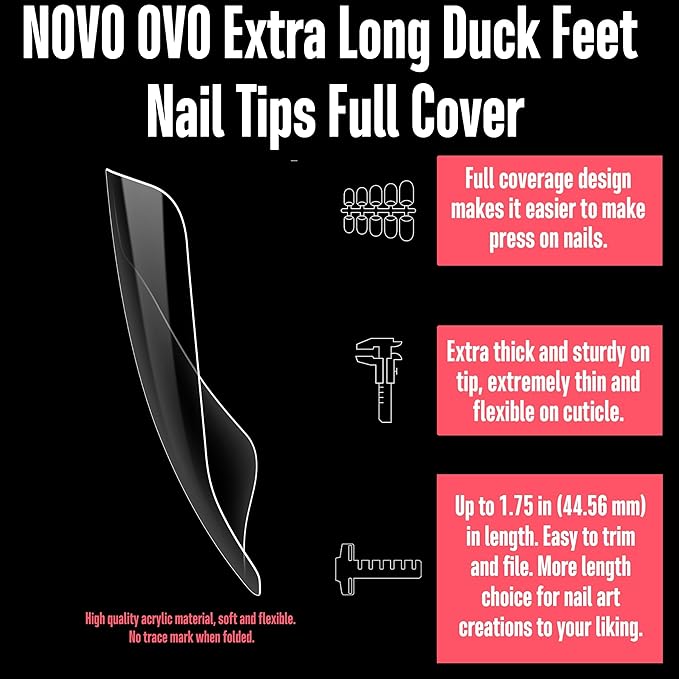 NOVO OVO 240 pcs Extra Long Duck Nail Tips Full Cover for Acrylic, Clear XL XXL Flare Feet Nails Press On, Y2K Vibe Wide French Soft Gel False Nail Extension for Art Salon x 12 Sizes in Box