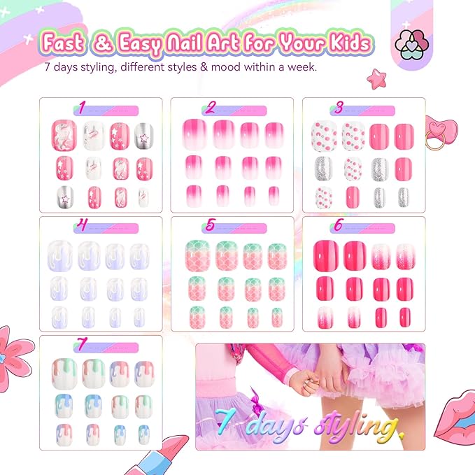 Saviland Kids Press on Nails - 168Pcs 7 Days Matching Press on Nails for Kids Full Cover Short False Nails Pre-glued Stickers for Colors & Patterns Nail Art Christmas Gifts for 8-12 Year Old Girls