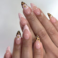 French Tip Press on Nails Almond Fake Nails Leopard Print False Nails Flower Nails Press Ons with Rhinestones Design Nude Glue on Nail Glossy Stick on Nail for Women Decoration Set 24Pcs