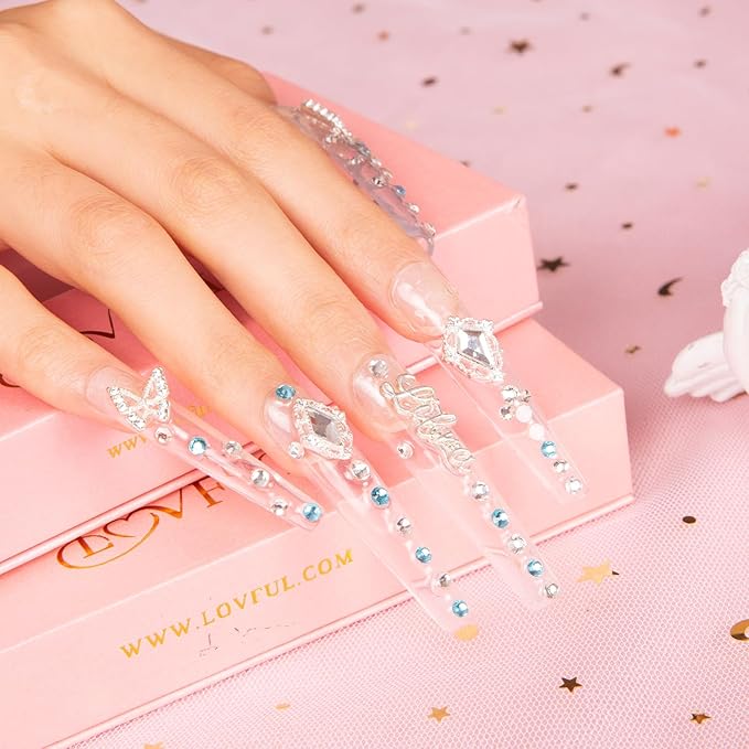 LOVFUL Press on Nails Libra | Handmade with Full Covered Crystals | Reusable Fake Nails | Coffin Long 2.2 in | H196-S