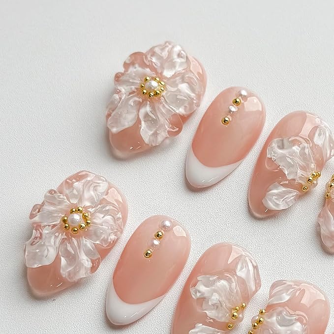 Luxury Press on Nails Short Almond Handmade 3D Unique Reusable ABS Material Fake Nails White French Tip Purple False Nails with Designs Ice Flower Pearls Glossy Glue on Nail Thick Acrylic Nail(M)