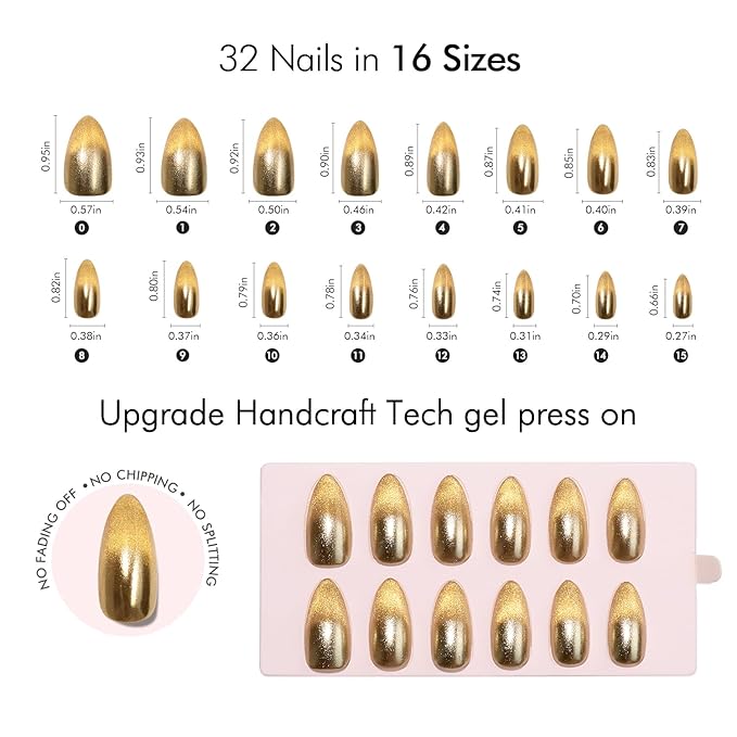VSALON Press on Nails Medium Almond - Metallic Golden Ombre Cat Eye Glue On Nails for Women, Opaque Sparkle Salon Quality Fake Nails - 32 PCS Stick on Nails in 16 Sizes with Glue & Cuticle Oil