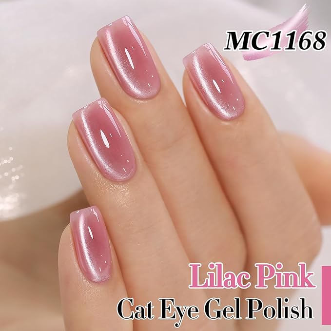 Double Rhythm 0.5 Oz Cat Eye Gel Polish with Magnet Same Color Same Bottle Holographic Glitter Shimmer Translucent Color Salon 15 ML Magnetic Nail Art (Lilac Pink-MC1168)