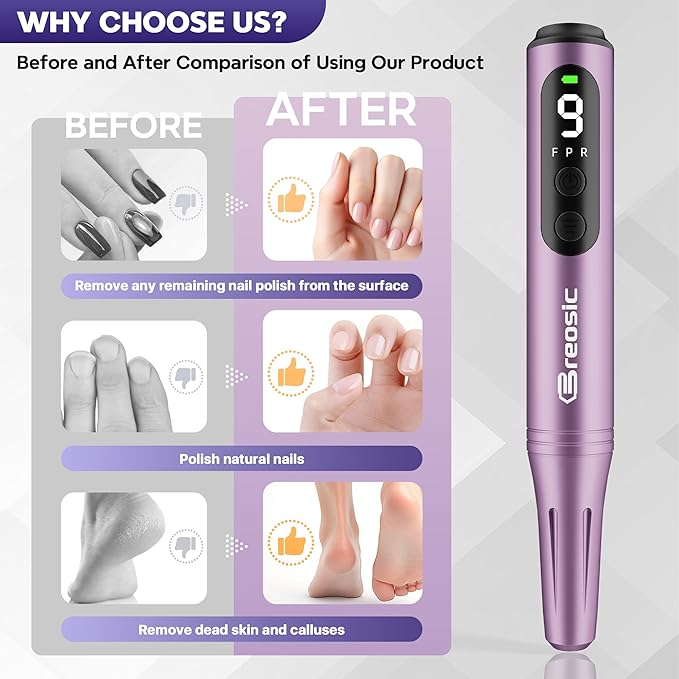 Electric Nail Drill Professional 35000RPM,Rechargeable Electric Nail File Cordless with 9-Speed & LED Display,12-in-1 Portable Manicure Pedicure kit for Acrylic Gel Dip Powder Nails (Purple)