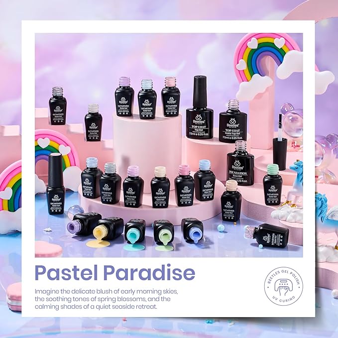 beetles Gel Polish Set - 23Pcs Macaroon Color Gel Nail Kit with Glossy Matte Top Coat Base Coat Yellow Pink White Purple Blue Glitter Bright Uv Nails Paradise Pastel Gel Spring Gifts for Women