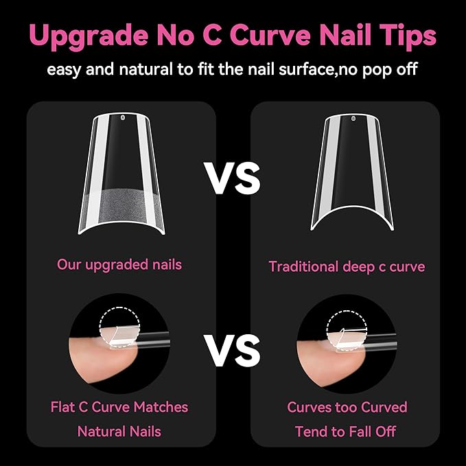 UNA GELLA No C Curve Medium Square Nail Tips 216 Pcs Pre-file Half Cover Straight Square Gel Nail Tips Clear Fake Nails Tips Half Matte Long Lasting For Nail Extension Home DIY Salon 12 Sizes