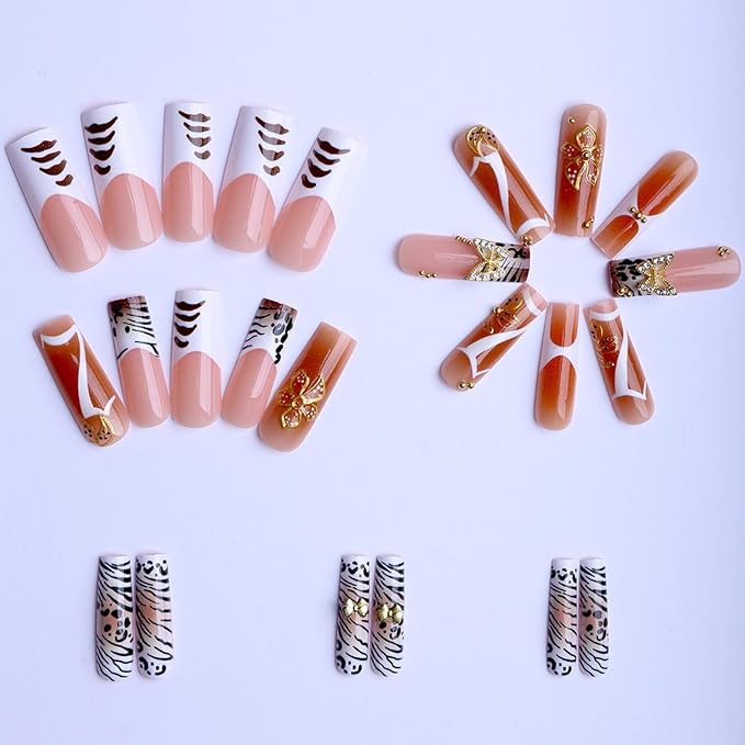 Long Square Press on Nails Fake Nails Artificial Nail Stick on Nail for Women Brown & Gold Design with 3D Butterfly Rhinestones, Gold Flowers, Tiger Stripes and White French Tips 24pcs