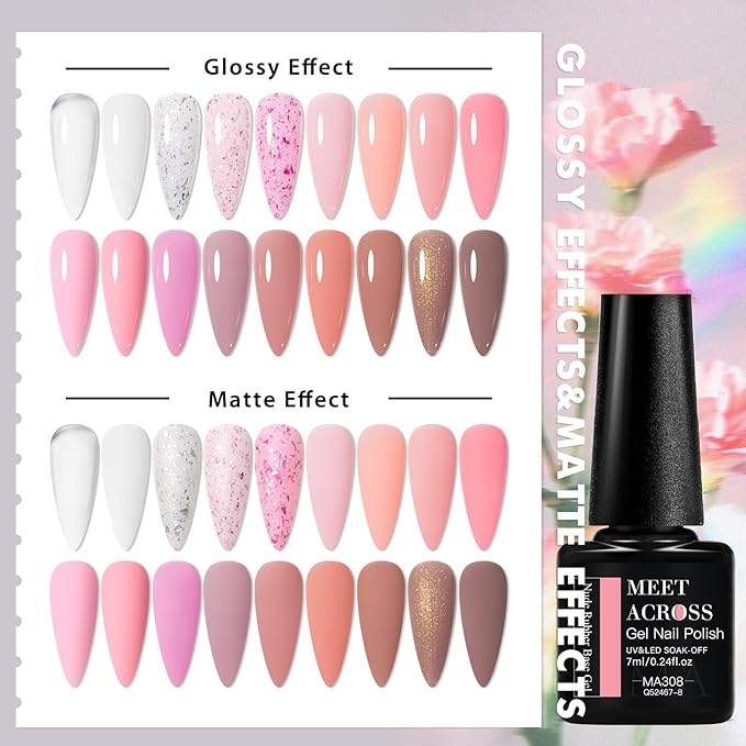 MEET ACROSS 18Pcs Rubber Builder Gel for Nails Pink Brown Gold Foil 2-in-1 Base Color Gel Polish Strengthen Gel Nail Polish Art Manicure Kit