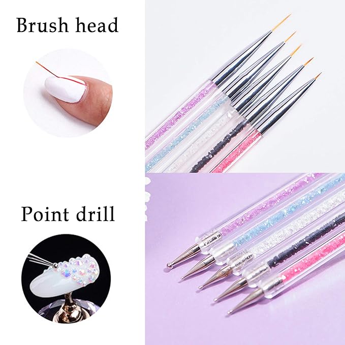 Vtrem 6 Colors 8ML Spider Gel Set with 5 PCs Double Ended Point Drill Drawing Brush Pen Nail Rhinestones Matrix Gel with Gel Paint Design Nail Art Kit Wire Drawing Nail Gel for Line Christmas gifts