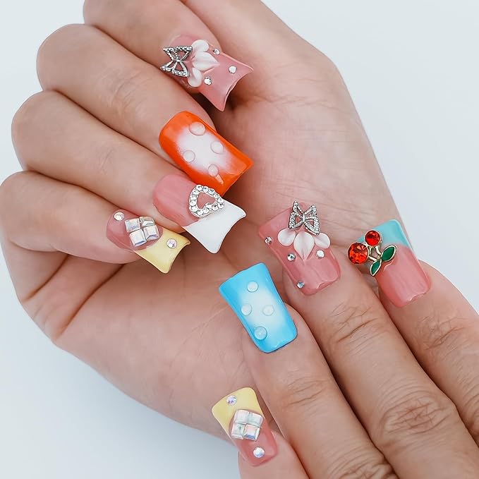 Handmade Press on Nails Short Duck - 3D Floral Metallic Butterflies False Nails Luxury Rhinestone Cherry Petal Flower Design, Reusable Thick Acrylic Full Cover(Spring Bloom Pop,M)
