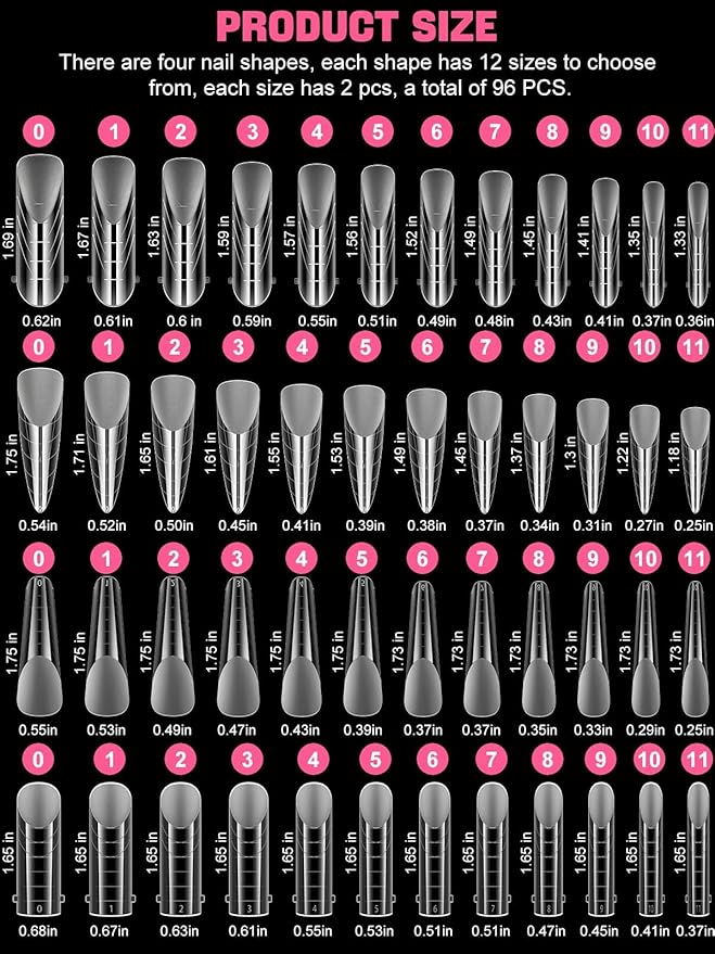 EBANKU 96PCS Clear Matte Dual Nail Forms Kit Full Cover Nail Mold Tips Acrylic Nail Extension Tools 4 Styles 12 Sizes Scale for Poly Gel Nail Art Salon Nails Design