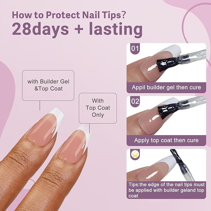 Gel French Tip Nails Long Coffin Press on Nails White 300Pcs Pre-applied Tip Primer Natural Brown Fake Nails Extensions Kit for Women Girls DIY