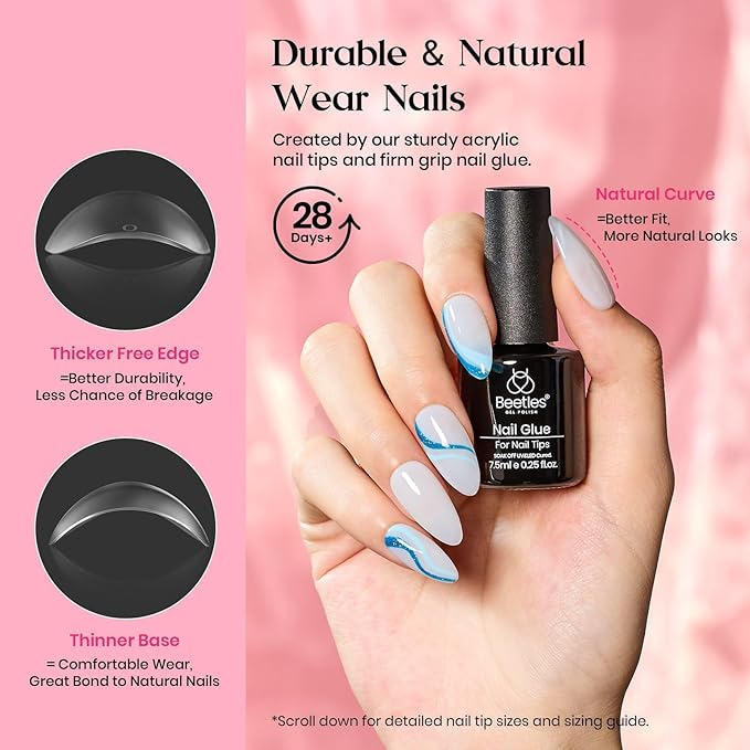 Beetles Nail Kit, 600Pcs Medium Almond Nail Tips with Milky White Gel Polish Top Coat, 15 Sizes Beetles Gel Soft Clear Press on Nails 5 In 1 Nail Glue Valentine Nail Extension Set for Women