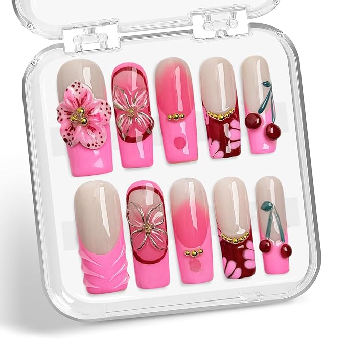 Pink Gradient Press on Nails Long Coffin Fake Nails 3D Luxury Flower Cherry Pattern Design Spring Summer Fruit French Tip Thick False Nails Golden Steel Ball Acrylic Nail for Women Nail DIY (Size M)