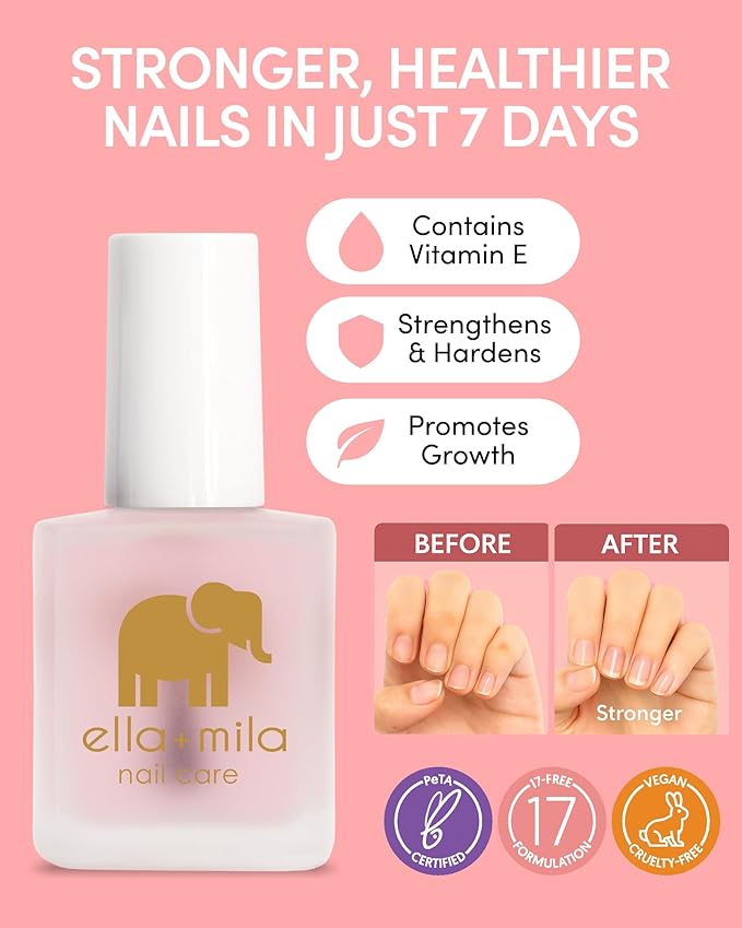 ella+mila Nail Strengthener and Growth Treatment - First Aid Kiss Nail Hardener for Damaged Brittle Thin Nails - Strengthening Polish with Vitamin E - Vegan (0.45 fl oz)