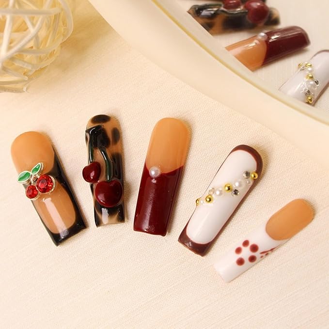 Red Cherry Press on Nails Handmade Long Square Fake Nails 3D Pearl Steel Ball Charms Designs Thicked French Tips False Nails Handmade Press on Nails Full Cover Stick on Nails for Women (M)