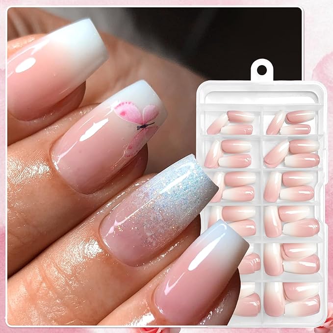 AddFavor 240pc Ombre Coffin Press on Nails Medium Fake Nails - Glue on Nails Coffin Acrylic Nails Press ons Nail Tips Medium Stick on Nails with Nail Glue and Adhesive Tabs for Women