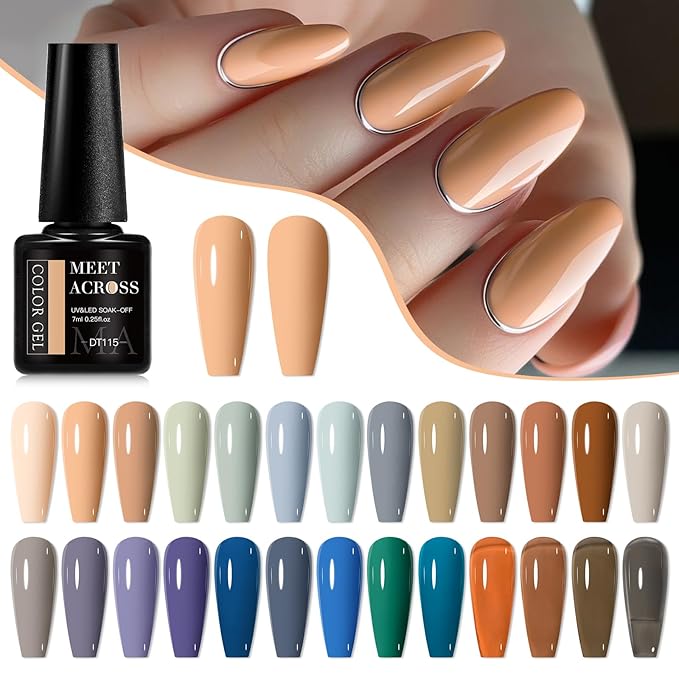 MEET ACROSS 30Pcs Nude Brown Gel Nail Polish Set Gel Polish Grey Blue Purple Roasted Chestnuts Chocolate Series Gel Nail Kit Gift for Women 26 Colors