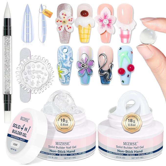 MIZHSE 2 Colors Solid Builder Gel for Nails: Non-sticky Hard 3D Sculpting Gel for Nail Art for Molding Soak Off U V LED Starter Kit DIY Home Salon