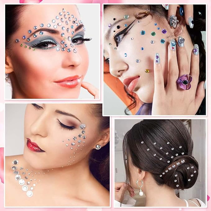 Face Glue with Eye Gems Stickers, 1702 Pieces Self Adhesive Rhinestones Stick on Face Jewels Hair Gems for Face Body Rhinestones for Nail Art Makeup Crafts