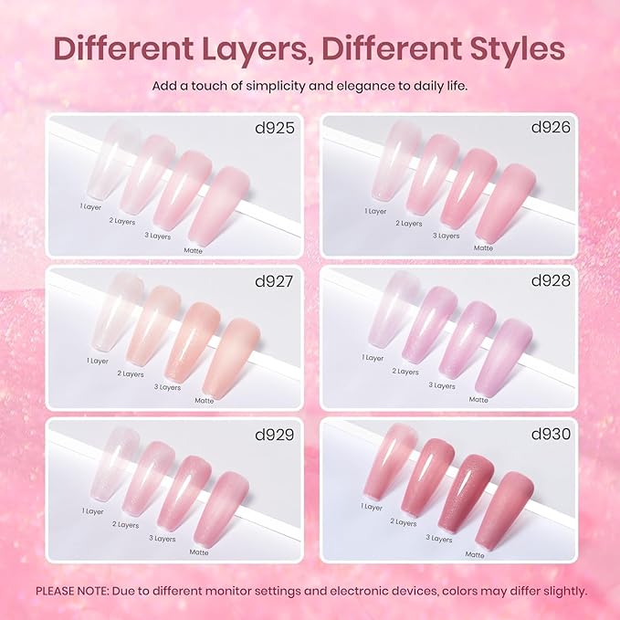 Beetles Pink Glitter Gel Polish Set - 6 Colors Valentine's Day Jelly Gel Polish Kit Shimmer Pink Sheer Translucent Effect Soak off UV Nail Concealer Nail Art Salon Manicure Spring Gift for Women