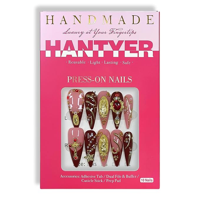 Pink & Red French Press on Nails with Gold Lines, Long Stiletto Glossy Vintage Fake Nails with Madonna Statue, Cross & Rhinestones, Reusable Religious Aesthetic False Nails (Size S)