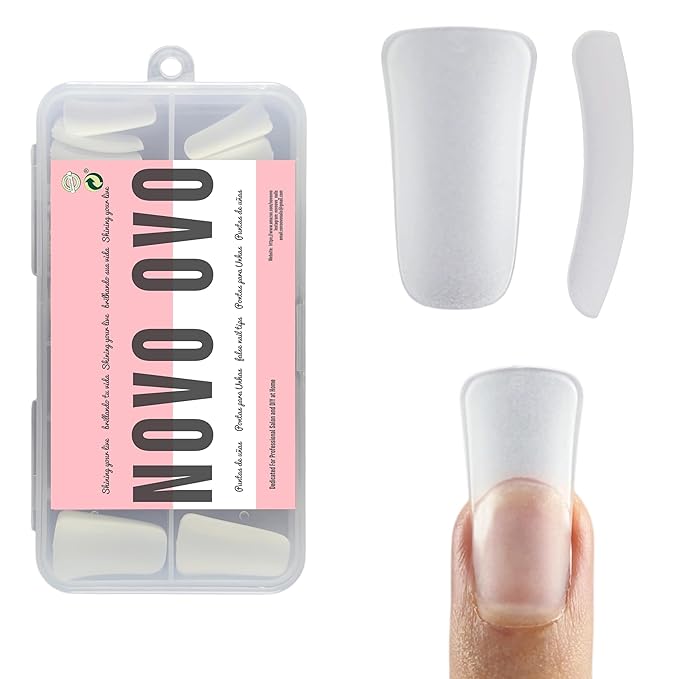 NOVO OVO Pre-Filed Long Duck Feet Nail Tips full Cover for Press On Acrylic, Pre-ectched Clear Full Coverage Flare Wide French Soft Gel Fake False Nail Extension x 12 Sizes 120 pcs