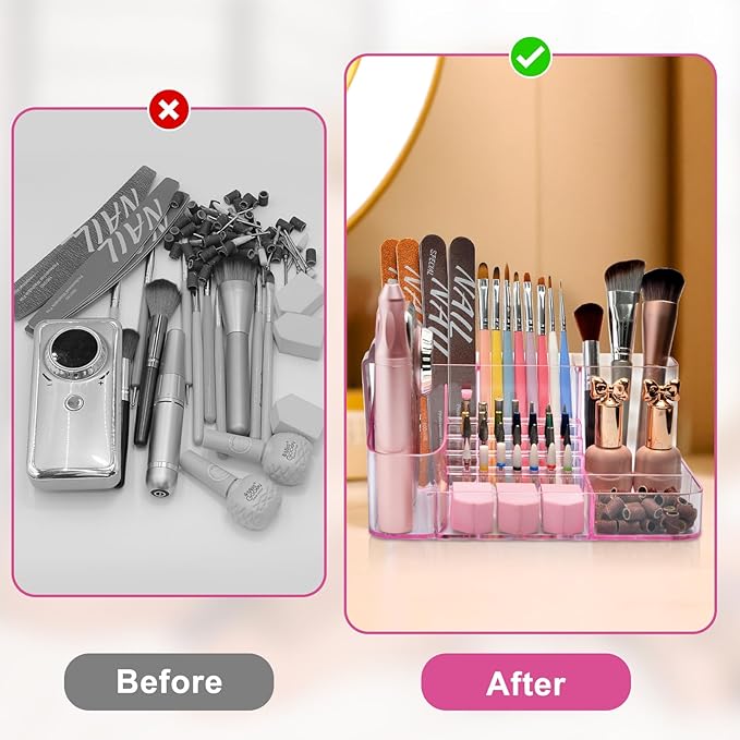 ANRUI Nail Drill Holder, 28 Holes Acrylic Nail Drill Bit Holder, Professional Nail Drill Desk Organizer Case and Storage Box for Manicure Tools - Pink (Not included Tools)