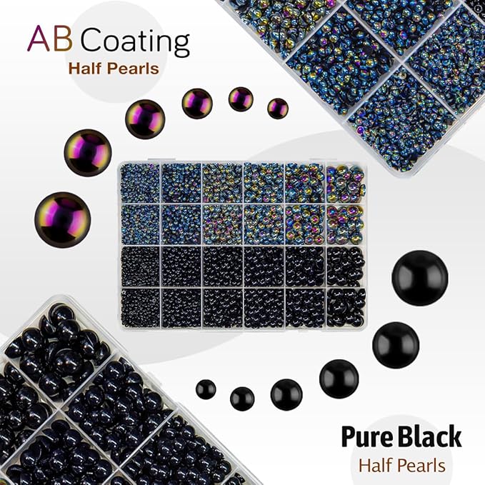 2 Styles Solid Black +Black AB Flatback Pearls w B7000 Glue for Bedazzling Crafting 3mm-10mm Half Round Beads Gems Bedazzler Kit for Nails Face Eyes Makeup Tumblers Bottles Crafts Shoes Phones