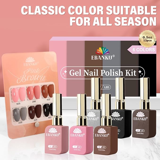 EBANKU 6 Pcs 15ML Pink Gel Nail Polish Set, Same Color Same Bottle Nude Brown Fall Soak Off Gel Nail Polish Kit Nail Art Manicure Gifts for Women