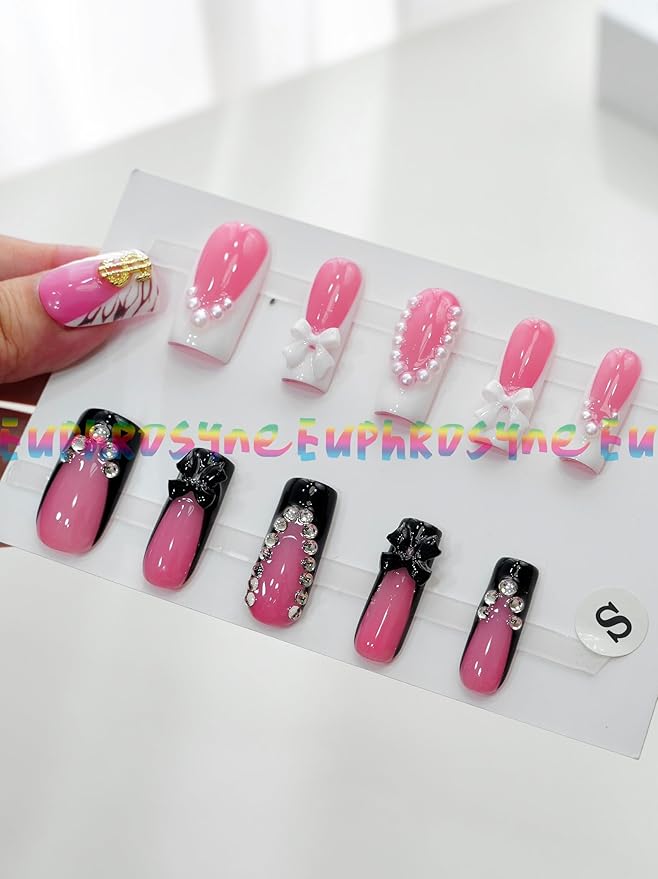 Black and Pink Press On Nails – 10PCS Glossy Fake Nails with Pearls, Rhinestones & 3D Bow Charms, Reusable Elegant Coffin Nails for Women and Girls – Euphrosyne